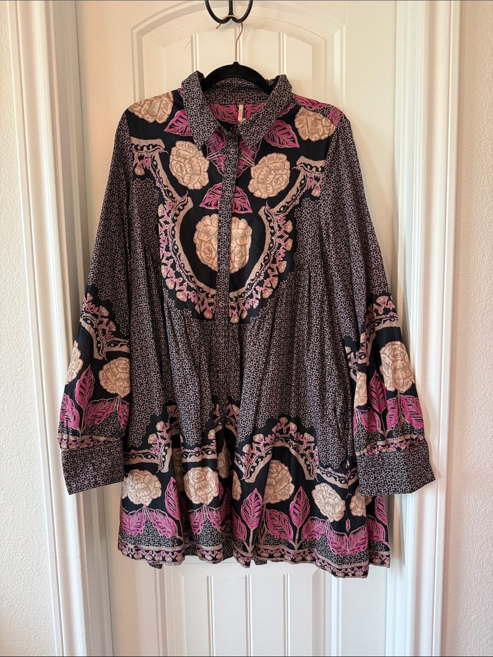 Free People Black Tunic Dress with Pink and Cream Floral Print